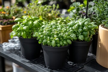 fresh herbs in labeled pots indoors