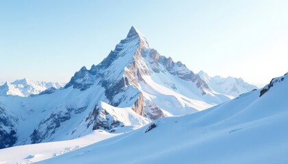 Snowy mountain peak, pristine white, clear sky, mountain peak, environment