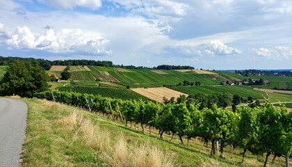 Fototapeta premium Tranquil European Countryside with Rolling Hills and Vineyards