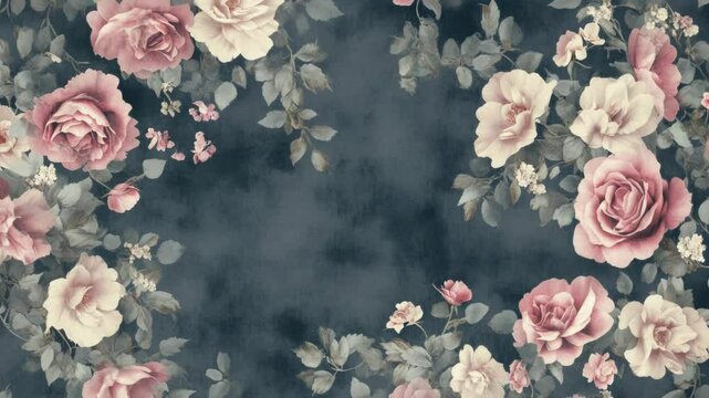A floral design featuring pink roses and green leaves on a white background