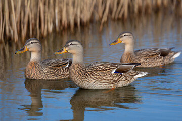 Obraz premium Ducks Waddling Through a Serene Farm Setting Near the Water at Golden Hour