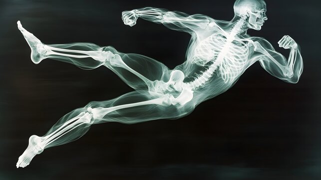X-Ray of Martial Artist Kicking: An X-ray depiction of a martial artist mid-kick, revealing the intricate structure of bones and muscles in action. 
