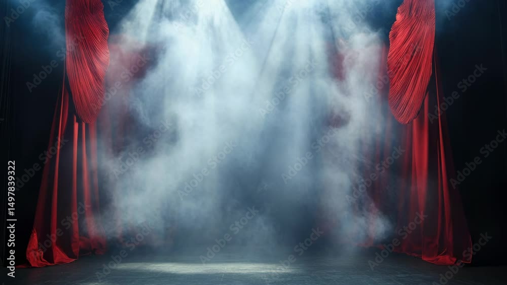 Poster A stage with red curtains and smoke coming out of it, ideal for use in theater or performance related contexts