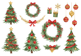 Watercolor Christmas Elements Trees Wreaths Ornaments and Gifts