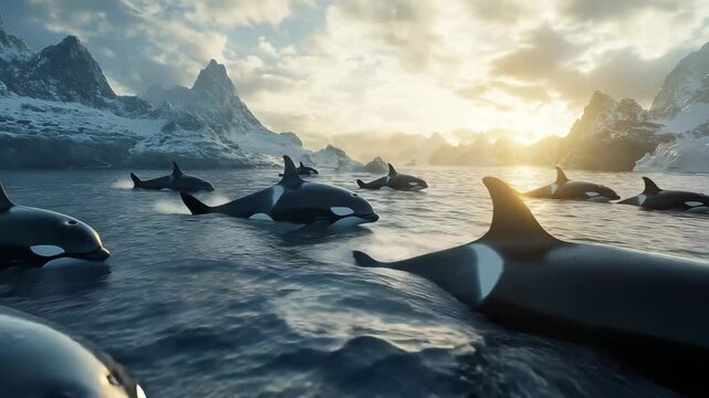 A group of orcas are swimming in the ocean. The water is calm and the sky is cloudy