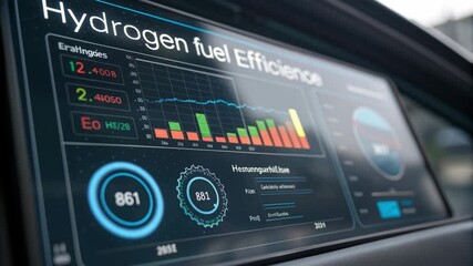 A digital dashboard displaying hydrogen fuel efficiency metrics and performance statistics in a vehicle.