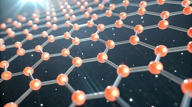 A close-up 3D illustration of a graphene molecular structure with interconnected atoms and a glowing background.