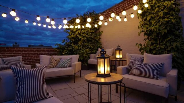 Cozy rooftop terrace at dusk with string lights and lanterns glowing