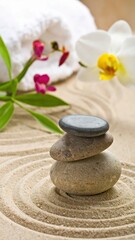 Obraz premium Tranquil Balanced Composition with Stones and Flowers in Sand