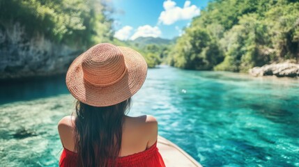 girl in a red dress sitting on a boat on a clear, green lake, with lush green mountains and trees surrounding the area.
