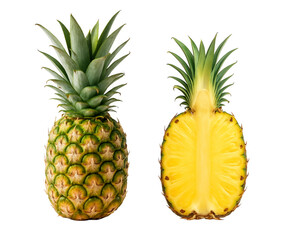 Fresh tropical pineapple whole and cut in half, isolated on white background, showcasing juicy yellow flesh and green crown, perfect for food, healthy lifestyle, tropical fruits, and summer concepts