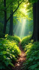 Obraz premium Sun-dappled forest floor in summer, lush green foliage, dappled sunlight filtering through leaves, vibrant green undergrowth, peaceful summer scene , foliage, vegetation, pattern