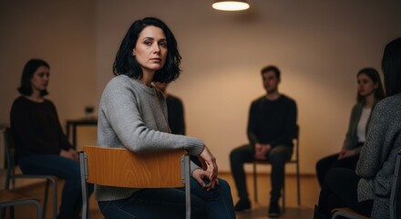 Female group therapy session with focused asian young adult in casual setting