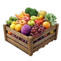 Wooden crate of fresh fruits and vegetables isolated on transparent background