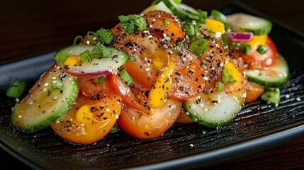 Fresh Colorful Salad with Tomatoes, Cucumbers, Bell Peppers, and Green Onions on a Black Plate
