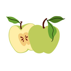 whole green apple and cut in half with foliage. Sliced summer fruit. Farm and agriculture, organic food. Flat vector illustration for packaging, branding, menu, recipe.