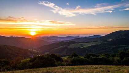 Tranquil Sunset Over Rolling Hills with Warm Colors in the Sky