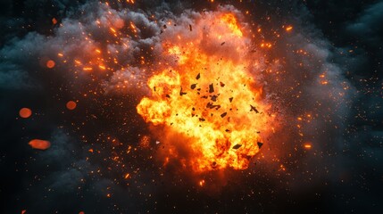 A dramatic explosion with fiery burst, sparks and debris amidst dark smoke.