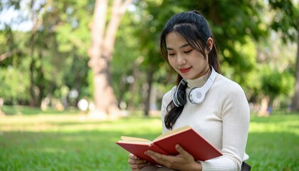 Fototapeta premium Young Woman Enjoys Reading Book in Peaceful Park Setting