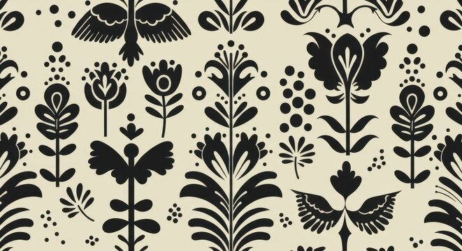 Traditional seamless black floral folk art pattern vector for textile or wallpaper design - Powered by Adobe