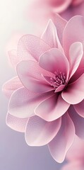Against a soft pink background, a delicate flower of pale pink color with gentle petals rises, creating an atmosphere of peace and creativity