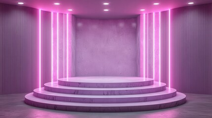 Modern Stage with Pink Neon Lights and Minimalist Design Aesthetic