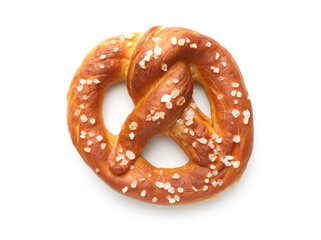 Tasty pretzel with salt isolated on white, top view