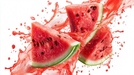 Fresh Watermelon Slices in Splash, Refreshing Fruit Splash Photography