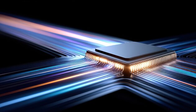 A glowing microchip with illuminated circuitry and data streams on a dark background, symbolizing advanced technology and connectivity.