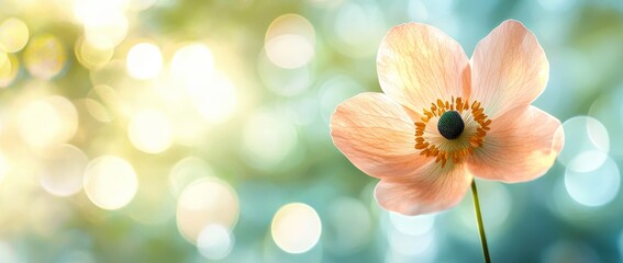 A dreamy landscape of pastel colors provides a serene backdrop for a delicate pink flower as it blooms gently in the soft sunlight, filling the atmosphere with tranquility