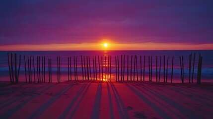 Obraz premium Vibrant Sunset Beachscape with Wooden Fence Silhouettes