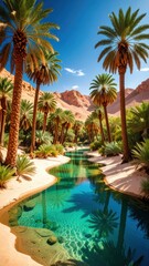 Fototapeta premium Serene Oasis in Desert with Clear Water and Palm Trees