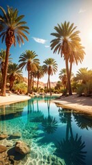 Fototapeta premium Serene Desert Oasis with Clear Water and Palm Trees at Sunset