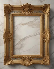 Gilded frame with swirling patterns, rests on veined marble , golden, premium