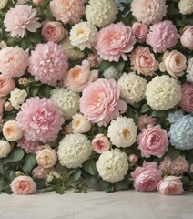 Pastel roses, peonies & hydrangeas; vintage floral wall backdrop  , flower backdrop, floral wall, decoration