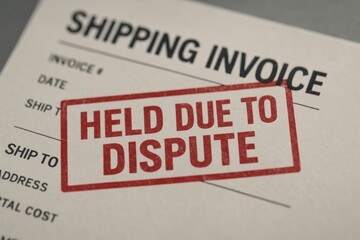 Shipping Invoice with Red Stamped Notice of Held Due to Dispute on Gray Background