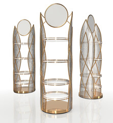 Metallic golden display case with acrylic leaf shaped sides and blank round label on top. Trade show booth for cosmetic products presentation. Set of 3d illustrations transparent background