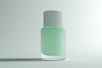 Close up of a light green nail polish bottle with a white cap on a light background in a studio