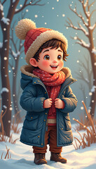 A boy stands in a snowy forest clearing wearing a winter coat and a knitted hat, enjoying the cold.