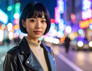 Woman with Bob Haircut in Neon Street