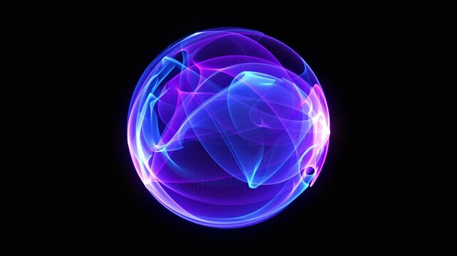 Blue and purple neon 3d sphere of gradient waves and glowing particles. Abstract technology concept, Artificial Intelligence, engineering, big data, and innovations. Vibrant futuristic sphere. 4k loop - Powered by Adobe