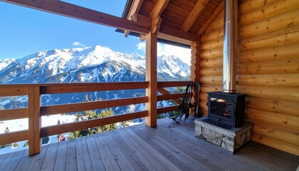 Fototapeta premium Serene Mountain Retreat with Wooden Cabin and Fireplace View