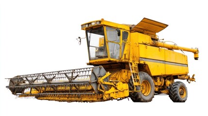 Fototapeta premium Agricultural yellow combine harvester on white background for farm machinery and crop harvesting concepts