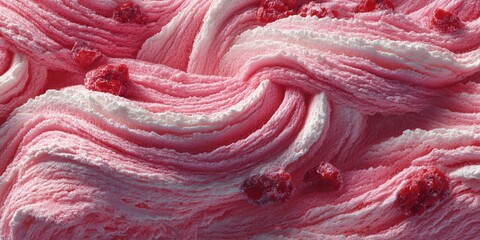 Delicious pink raspberry swirl dessert with textured cream and fruit pieces in an appealing arrangement