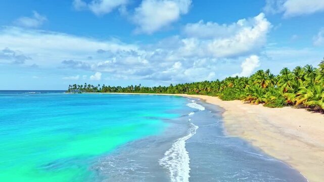 Sunny beach and tropical sea. Beautiful beach nature, Caribbean landscapes, wonderful view of exotic scenery, white sand and blue sky. Luxurious natural background for summer vacation and relaxation.