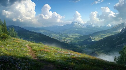 Majestic Mountain Vista: A Serene Path Through Wildflowers