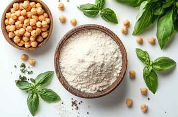 Chickpea flour ingredients arranged on a white surface