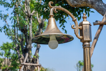 Lamp street in outdoor restaurant,Pendant light with matal lamps in street cafe,mountain view and...