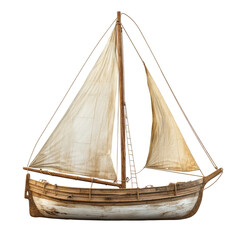 Small wooden sailboat, weathered, cream-colored sail