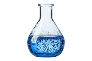 Laboratory flask with blue liquid and bubbles isolated on transparent    white background in PNG format.